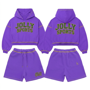 Conjunto de Sudadera Corta y Pantalones Cortos de Felpa de Algodón y Poliéster GSM para Mujer, con Costuras en Contraste, Estampado Puff y Logotipo Personalizado - Product Image 1