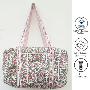 Bolsa de Viaje de Algodón con Estampado Floral Hecho a Mano en Jaipur, Bolsa de Fin de Semana de Gran Capacidad, Bolsa de Viaje Sostenible para Mujer con Cierre de Cremallera - Product Image 3