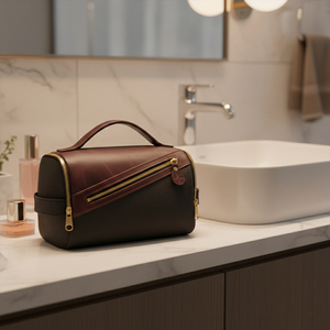 Leather Toiletry <b>Bag</b> Rectangle Classic Portable Black Brown Brass <b>Zipper</b> Bathroom <b>Storage</b> <b>Bag</b> - Product Image 5