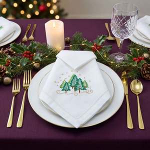 Serviette en tissu personnalisée brodée arbres de Noël serviette de table en coton ourlet serviettes de table maison hôtel vacances mariage - Product Image 4