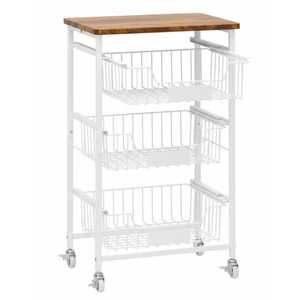 Chariot de cuisine mobile à 3 niveaux blanc avec plateau en bois et paniers métalliques coulissants sur roulettes - Product Image 1
