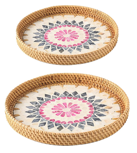 Round Mother Of Pearl Rattan <b>Storage</b> <b>Tray</b> with Fish and leafy Pattern for living room wedding decor etc - Product Image 3