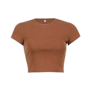 Crop top tricoté à manches courtes et col rond pour femme, couleur unie, coupe ajustée, décontracté, toutes saisons, marron - Product Image 1