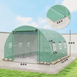Serre tunnel autoportante en bois 10FT X11FT X6FT pour la maison avec étagères, porte en maille, fenêtres et couverture en PE, verte - Product Image 3