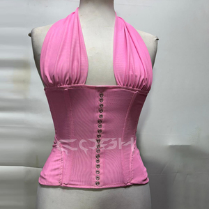Wholesale Pink Mesh Overbust Corset with Halter Strap Front Eyelets Detail & Adjustable Back Laced Up - Product Image 3