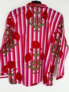 Ensemble de pyjama décontracté 3 pièces en coton tissé pour femme, motif floral rouge rayé, taille élastique faite à la main, vêtements de détente printemps-été, style bohème - Product Image 5