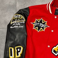 Veste Hip Hop personnalisée avec manches en cuir véritable, broderie chenille, strass, veste de baseball universitaire en molleton