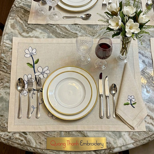 Custom Embroidered White Magnolia <b>Placemats</b> & Napkins Sets Washable Hemstitch Natural Linen Cotton Mats Weddings Home Events - Product Image 1