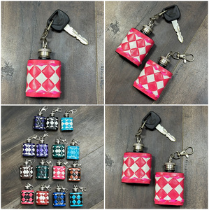 Stylish Tooled Checkered Leather <b>Mini</b> Hip Flasks Keychains Pocket Bottle Wine Holder with Clip Compact Travel Gift for Unisex - Product Image 3