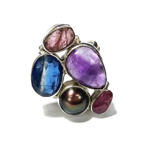 Bague de fiançailles et de mariage en argent sterling 925 fait main avec kyanite naturelle, améthyste, perle noire et tourmaline rose, multi-pierres, style statement - Product Image 1