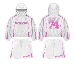 Premium Sport Hooded Windbreaker & Shorts Men's <b>White</b> Pink Hooded Sport <b>Jacket</b> & Shorts Set Quick Dry <b>Summer</b> Athletic Wear - Product Image 1