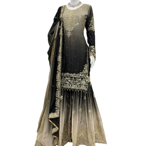 Ensemble prêt à expédier : Robe indienne ethnique d'été en soie Chinon, Sharara, Dupatta à bordure en dentelle, Pantalon élastique, Séchage rapide, Protection solaire - Product Image 1