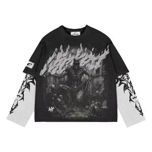 เสื้อยืดพิมพ์ลายแขนยาวคุณภาพสูงทรงโอเวอร์ไซส์สำหรับผู้ชาย ผ้าฝ้ายสองชั้น แขนยาวสองชั้น - Product Image 3