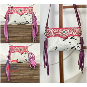 New Women Fashionable Cute Pink Tooled Genuine Leather Crossbody Handbag Stylish Hairon With Turquoise Stone Designer Fringe bag - Product Image 1