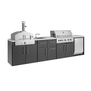Îlot de cuisine extérieure Emory 12' avec barbecue au gaz propane 5 brûleurs en acier galvanisé noir, four à pizza, réfrigérateur et évier - Product Image 1