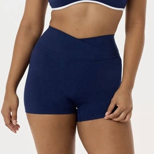 Ensemble de yoga 2 pièces pour femme 2026, bleu marine uni, soutien-gorge dos nu, short taille haute, respirant, en Spandex et Polyester, avec bordure contrastante - Product Image 4