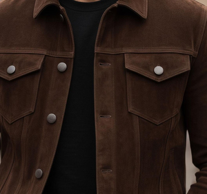 Men's Brown <b>Suede</b> <b>Jacket</b> Slim Fit Casual Stand Collar Zipper Closure Regular Sleeve Solid Color Breathable Front Autumn - Product Image 3