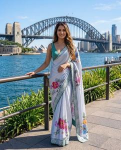 Sari de Seda Ultra Satinada con Diseño Digital y Bordado, Borde de Encaje, con Blusa de Seda Mono Banglory sin Coser - Product Image 2