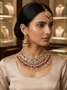 Collar de Novia de Lujo con Cuentas de Perlas y Rubíes Kundan, Conjunto de Joyería Tradicional India para Mujer - Product Image 3