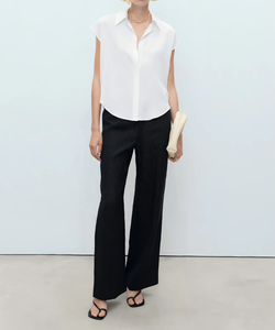 Women's Casual Sleeveless <b>White</b> Button-Down Collared Nonwoven Silk/Cotton <b>Shirt</b> for Work - Product Image 3