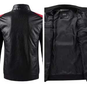 <b>Men's</b> Genuine <b>Leather</b> Moto <b>Jacket</b> Stand Collar Zipper Closure Slim Fit Color Blocking Autumn Style Waterproof Casual Regular - Product Image 4