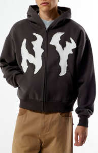 Premium Quality Dark Brown <b>NY</b> Raw Applique Full Zip Unisex <b>Hoodie</b> Breathable Cotton Blended Streetwear Distrust <b>Hoodie</b> For Men - Product Image 3