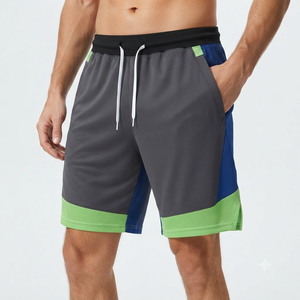 Shorts de sport pour homme à blocs de couleur, séchage rapide, avec cordon de serrage, longueur Bermuda, avec poches, gris, bleu, vert, en polyester tricoté - Product Image 5