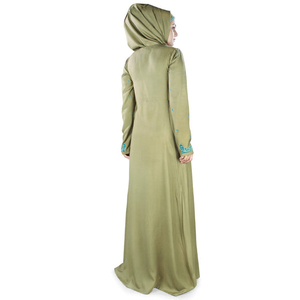 Robe de soirée élégante vert olive en satin avec col en V brodé, manches longues, coupe trapèze, longueur ras du sol pour femme - Product Image 2