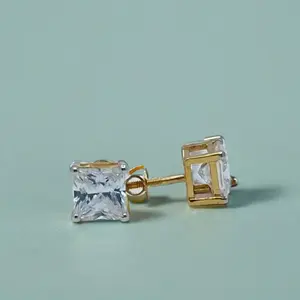 Pendientes cuadrados de oro para mujer, elegantes pendientes solitarios con piedra transparente de corte princesa, joyería clásica para uso diario y bodas - Product Image 3