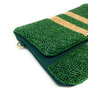 Luxury Handmade <b>Green</b> Beaded Foldable Clutch Bag Gold Stripes Magnetic Closure Designer Women's Evening Crossbody <b>Purse</b> Chain - Product Image 3