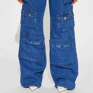 Jean cargo en denim taille haute à jambes larges pour femme, coupe ample multi-poches, en coton bleu - Product Image 3