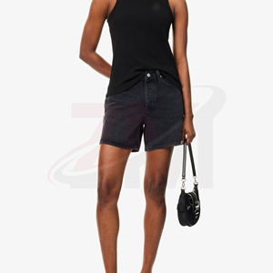 Shorts de Mezclilla de Cintura Alta para Mujer, Corte Recto, Casuales, de Verano, Color Sólido, Tela de Algodón, Corte Regular, con Cierre de Botones - Product Image 3