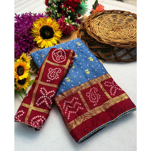 Sari Bandhani de Algodón de Primera Calidad – Combinación Azul y Marrón para Fiestas y Festivales - Product Image 1