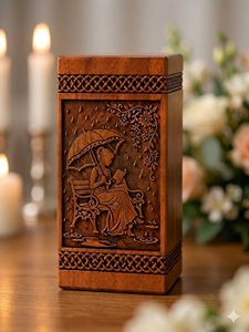 Hand Carved American Style Wooden Pet & Baby <b>Memorial</b> Urn Woman Under Umbrella Keepsake <b>Box</b> - Product Image 4