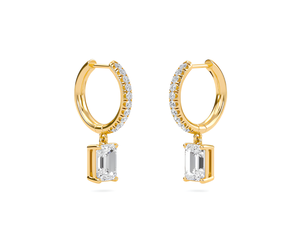 Boucles d'oreilles créoles en or jaune pour femme avec pendentif taille émeraude et pierres latérales pavées, bijoux de mariage classiques - Product Image 3