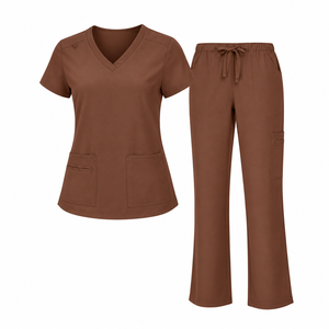 Khaki Medical Scrub Set <b>Womens</b> V Neck <b>Short</b> Sleeve Pocket Top Drawstring <b>Trousers</b> Nursing Uniform Hospital Clinic Apparel Plain - Product Image 6
