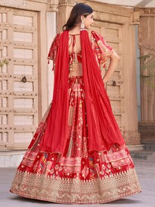 <b>Red</b> Banarasi Silk-Polyester Lehenga Set Embroidered Indian/Pakistani Outfit Heavy Dupatta Floor-Length V Neck <b>Blouse</b> Wedding - Product Image 5