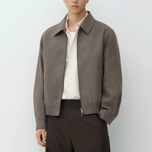 <b>Men's</b> Gray <b>Suede</b> Bomber <b>Jacket</b> Turn-down Collar Zipper Closure Casual Autumn Wear Regular Fit - Product Image 1