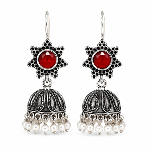 Boucles d'oreilles Jhumka en argent oxydé avec pierre rouge et perle pour femmes - Product Image 1