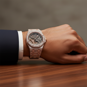 Montre automatique squelette entièrement sertie de moissanite or rose pour homme, luxe, acier inoxydable, aspect diamant, style hip-hop - Product Image 6