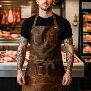ผ้ากันเปื้อนหนังสไตล์วินเทจสำหรับบาริสต้า เชฟ ปิ้งย่าง ทำมือ ทนทาน ขายส่งจากโรงงาน LPN-0314 - Product Image 4