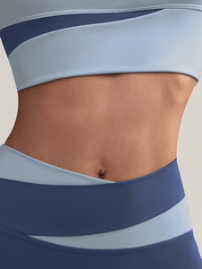 Ensemble 2 pièces sportif bleu clair pour femme, haut zippé à manches longues avec blocs de couleur, leggings assortis à taille marine, tricoté respirant - Product Image 5