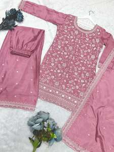 Ensemble haut et palazzo rose pâle avec dupatta, broderie de fils et sequins, style designer Chinon 72544 - Product Image 4