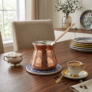 Cafetera Turca Cezve de Cobre Puro con Grabado Artesanal de Encaje Triangular, Estilo Bulboso para Estufa, Briki Griega con Larga Asa Metálica Plana - Product Image 4