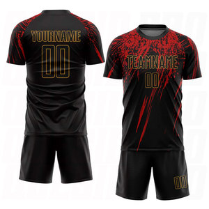 Camiseta de Fútbol Sublimada Personalizada Negra y Roja de Manga Corta, Absorbente de Humedad, 100% Poliéster, Unisex, Corte Regular para Adultos, Nombre del Equipo Personalizado - Product Image 1