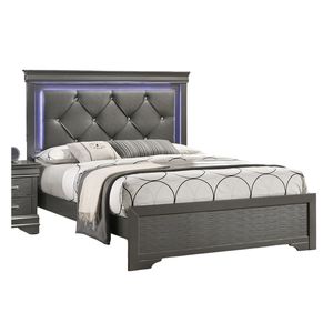 Letto Matrimoniale Queen Size in Ecopelle Grigio Scuro con Texture Unica, Luce LED, Struttura in Legno Massello, Arredamento Camera da Letto, 1 Pezzo Imbottito - Product Image 3