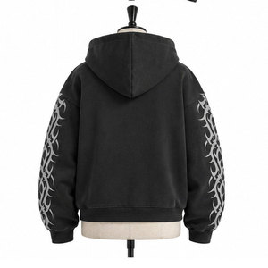 Sudadera con capucha y cremallera personalizada para hombre, estilo oversize, streetwear, de algodón negro, felpa francesa, con estampado frontal, para otoño, vintage, lavada. - Product Image 5