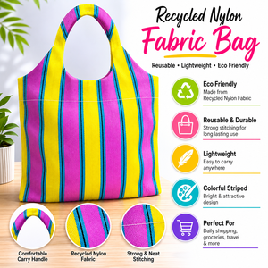 Ellora Colorful Recycled <b>Nylon</b> Fabric Medium <b>Tote</b> Bag with Striped Design Shoulder Handle Reusable for Daily Use - Product Image 6