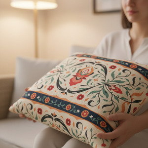 Housse de coussin décorative délicate et sobre avec motif de tiges et de tiges vertes douces, carrée 18x18, 100% coton, écologique, pour usage hôtelier - Product Image 3
