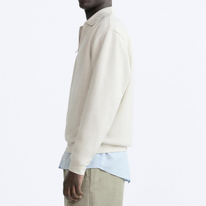 Men's Cream Long Sleeve Knitted Pullover <b>Quarter</b> <b>Zip</b> <b>Sweater</b> Regular Fit Casual Solid Color Breathable Cotton Top - Product Image 2